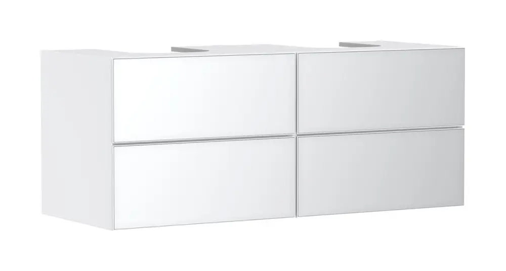 Weißer Waschtischunterschrank mit vier Schubkästen. Entwurf von Hansgrohe, geeignet für die Montage mit Aufsatzwaschtischen und Konsolen.